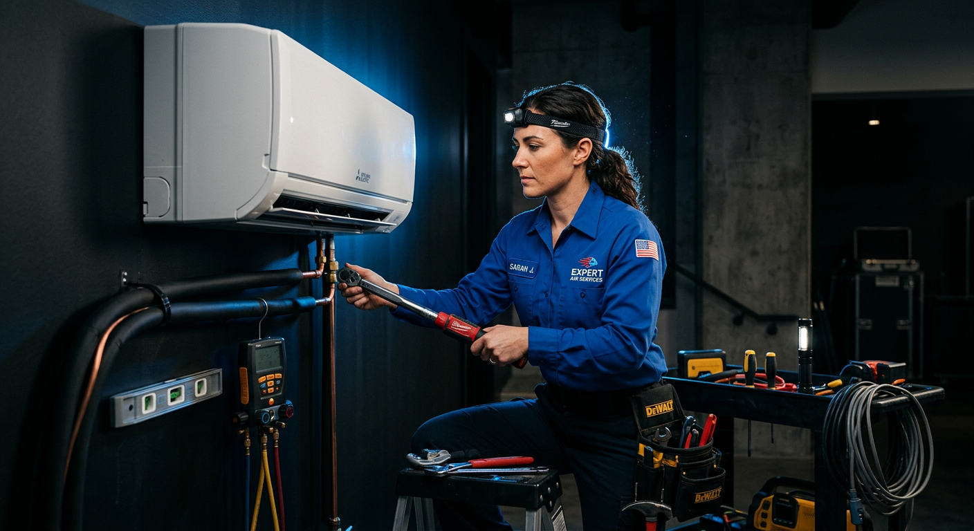 Técnico realizando inspeção para PMOC em sistema de climatização
